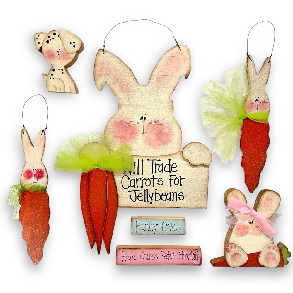 Wooden Easter Decor Bundle Bunny Rabbit Hanging Carrot Signs Spring Decorations